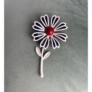 Vtg Long Stem Layered 3-D Flower Brooch Red White Blue P008